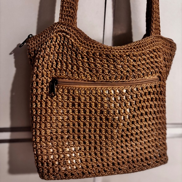 Le Sak Crocheted Handbag Double Straps Handle Gold with Metallic Liner - Picture 10 of 11